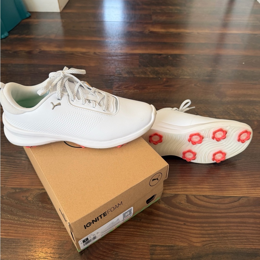 Puma White Women's IGNITE Foam Golf Shoes with Coral Accent